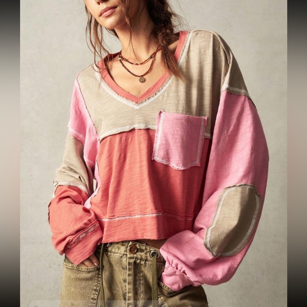 Boho cotton V neck color block blouse - Picture 8 of 8